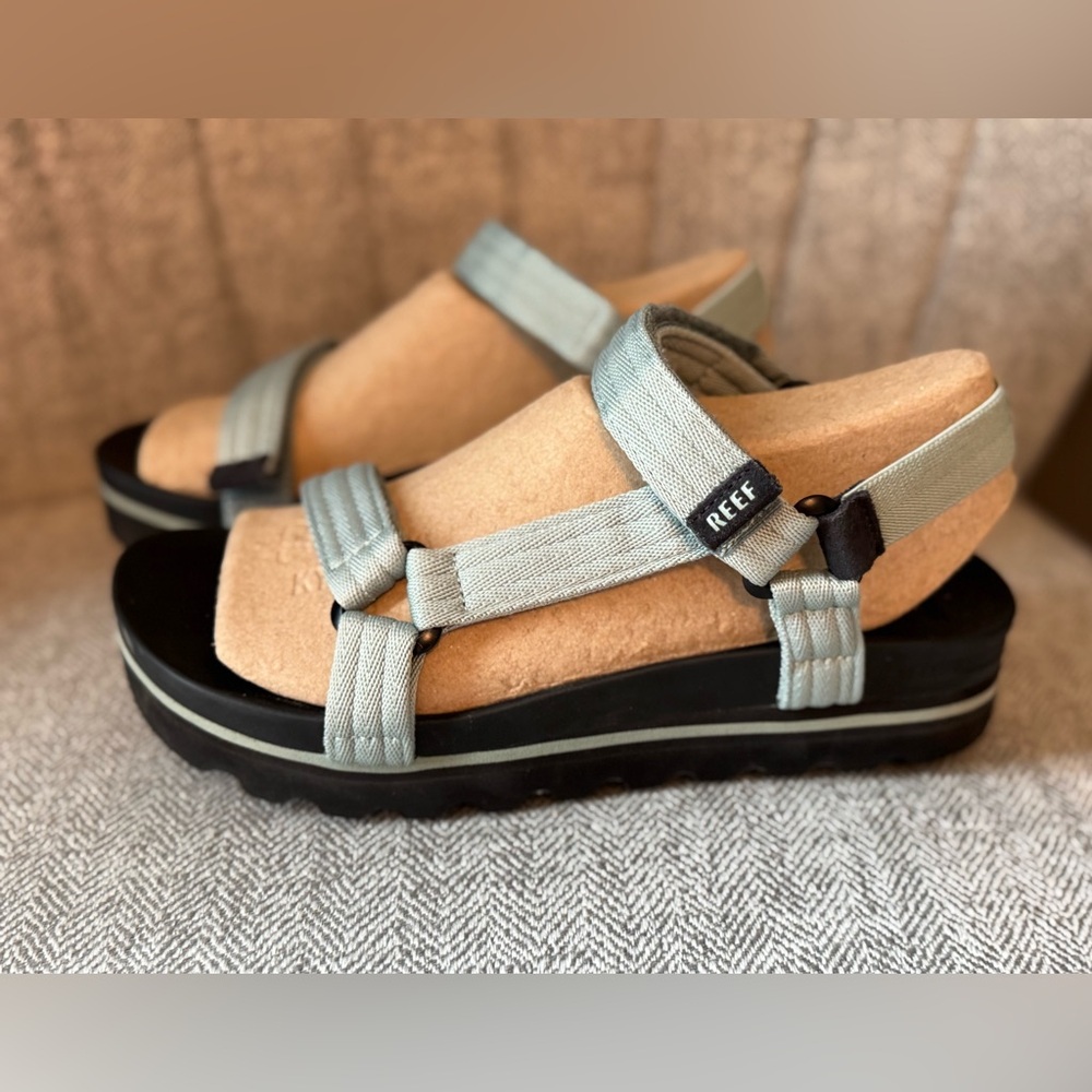 Reef Sandals with Light Blue Straps and Black Sole